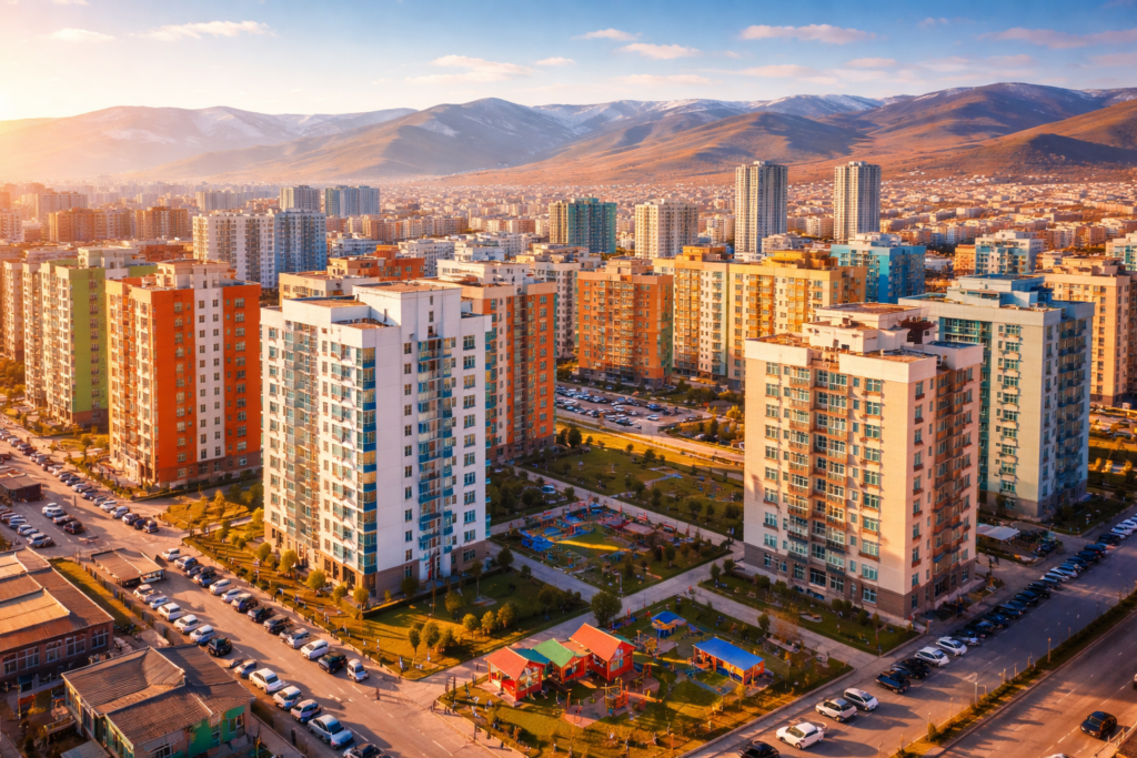 Aerial view of colorful Oronsuuts apartments in Ulaanbaatar with mountains in the background, showcasing urban housing density.